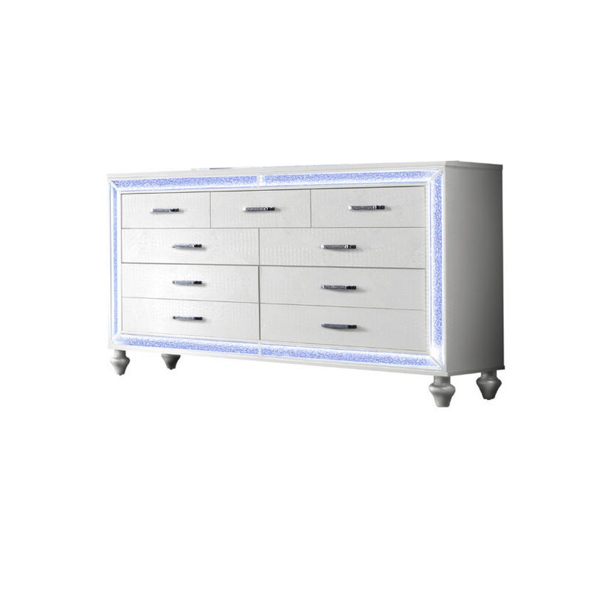 Noel 62 Inch Wide Dresser with LED Mirror, Glitter Front 6 Drawers, White - BM316658