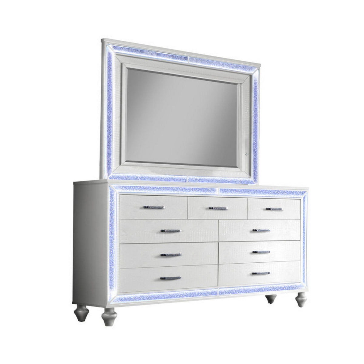 Noel 62 Inch Wide Dresser with LED Mirror, Glitter Front 6 Drawers, White - BM316658