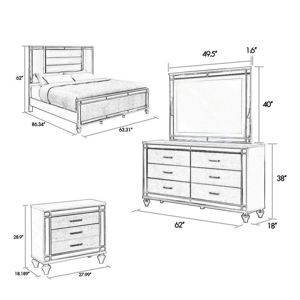 Lio 4pc Queen Bedroom Set with Nightstand, Dresser, LED Mirror, Silver - BM316661