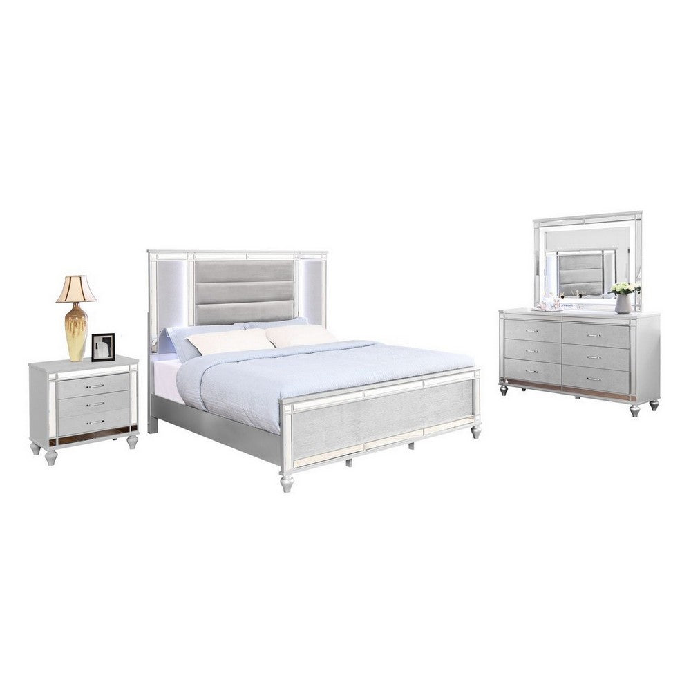 Lio 4pc Queen Bedroom Set with Nightstand, Dresser, LED Mirror, Silver - BM316661