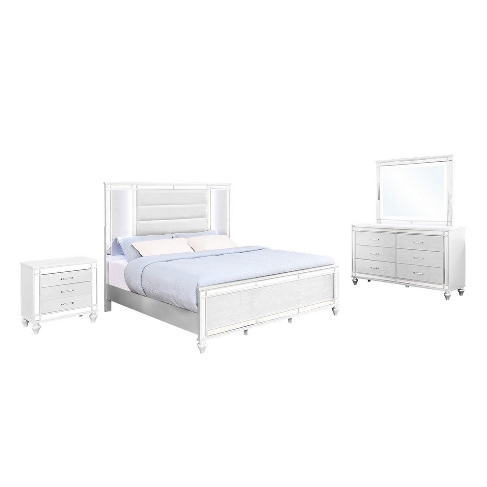 Lio 4pc Queen Bedroom Set with Nightstand, Dresser, LED Mirror, White - BM316663