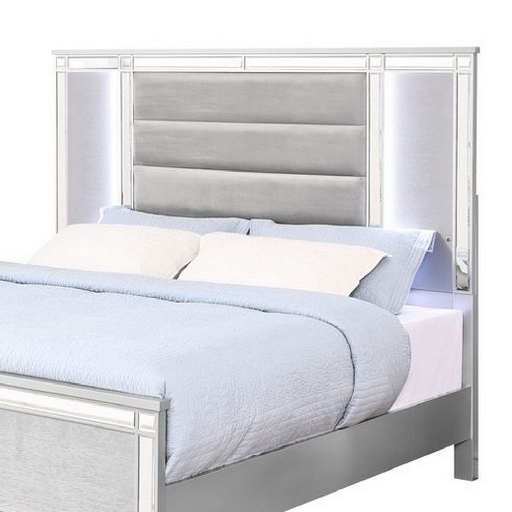 Lio Modern Queen Size Bed, LED, Mirror Trim Silver Velvet Tufted Upholstery - BM316665