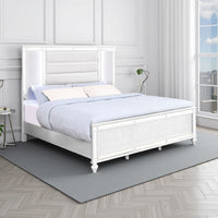 Lio Modern Queen Size Bed, LED, Mirror Trim White Velvet Tufted Upholstery - BM316667