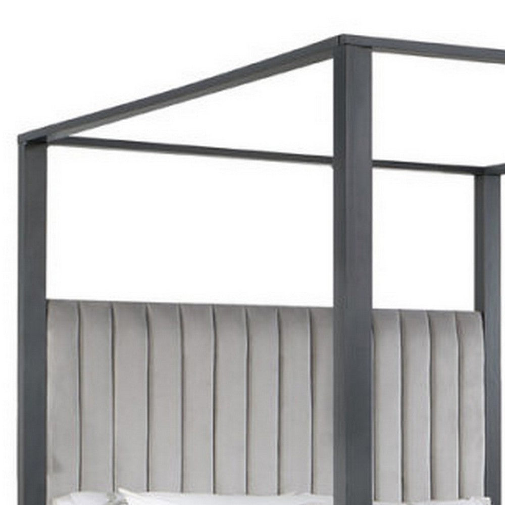 Abby Queen Canopy Bed, Mirrored Trim, Gray Velvet Channel Tufted Upholstery - BM316675