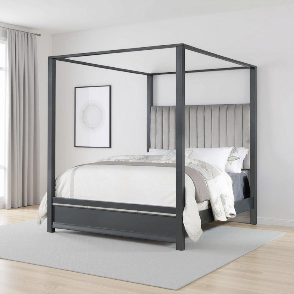Abby Queen Canopy Bed, Mirrored Trim, Gray Velvet Channel Tufted Upholstery - BM316675