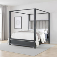 Abby Queen Canopy Bed, Mirrored Trim, Gray Velvet Channel Tufted Upholstery - BM316675