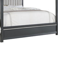 Abby King Canopy Bed, Mirrored Trim, Gray Velvet Channel Tufted Upholstery - BM316676