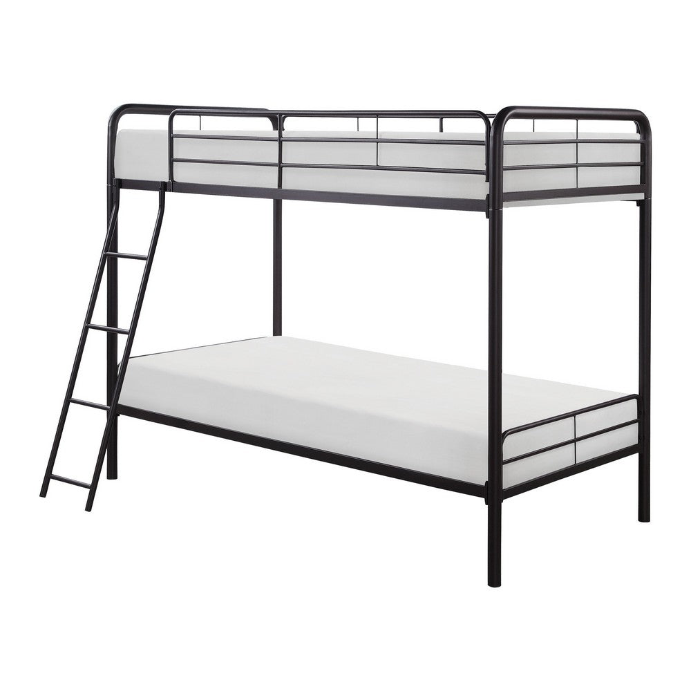 Tara 79 Inch Twin Bunk Bed, Sleek Metal Frame with Ladder in Dark Bronze - BM316683