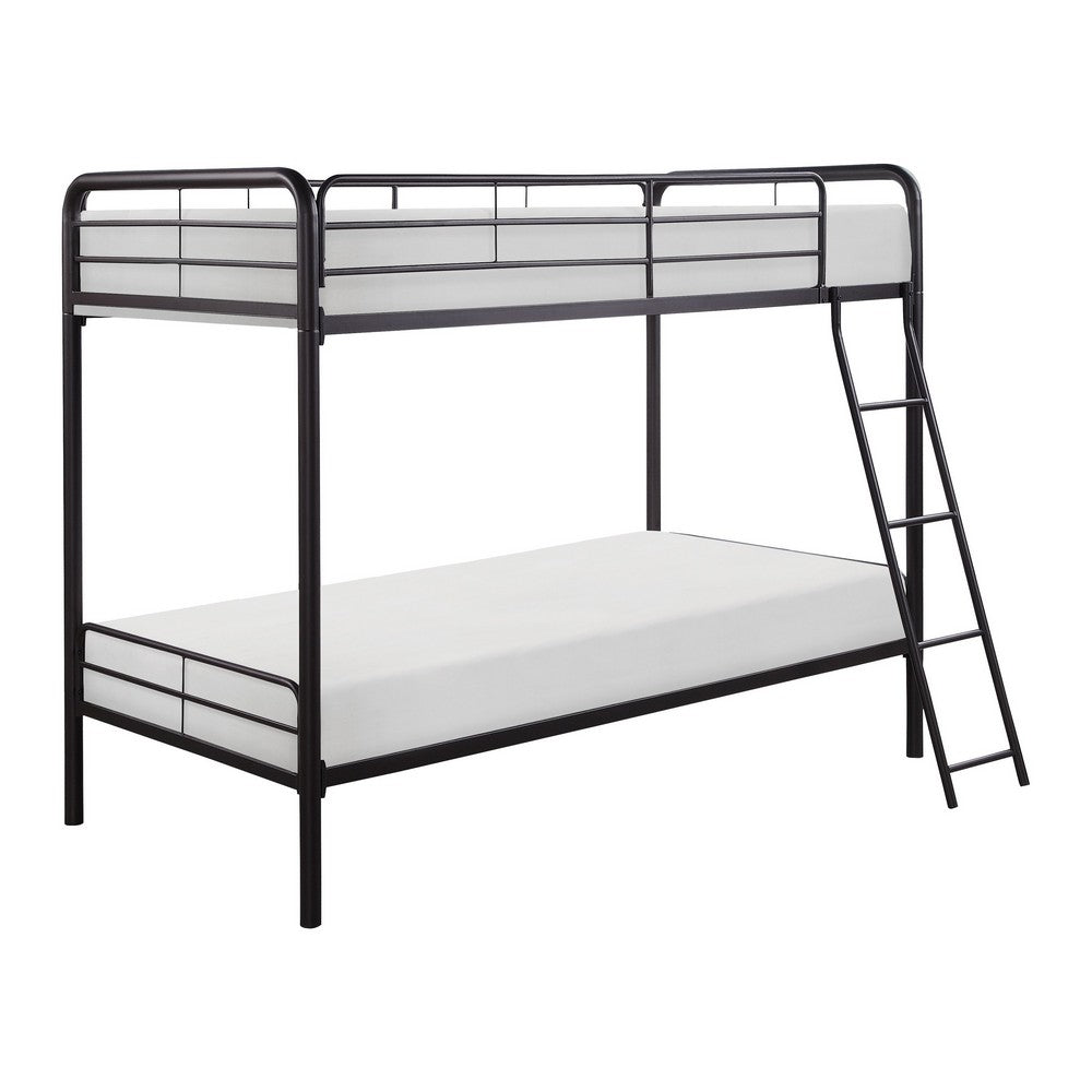 Tara 79 Inch Twin Bunk Bed, Sleek Metal Frame with Ladder in Dark Bronze - BM316683