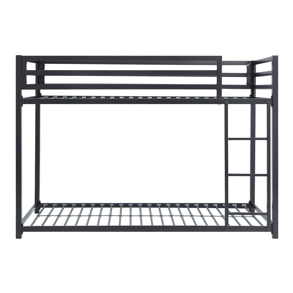 Ovi 78 Inch Twin Bunk Bed, Mounted Ladder, Ground Level Platform Bed, Black - BM316684