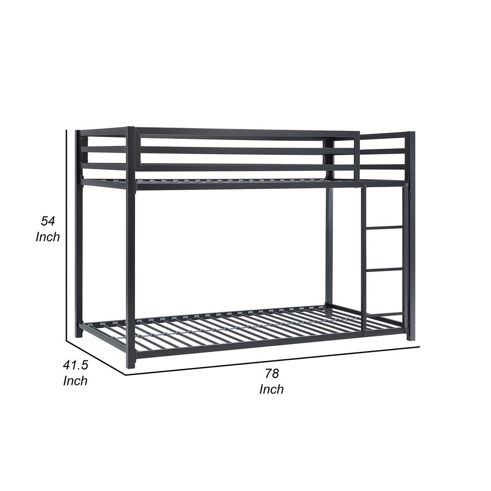 Ovi 78 Inch Twin Bunk Bed, Mounted Ladder, Ground Level Platform Bed, Black - BM316684