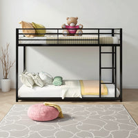 Ovi 78 Inch Twin Bunk Bed, Mounted Ladder, Ground Level Platform Bed, Black - BM316684