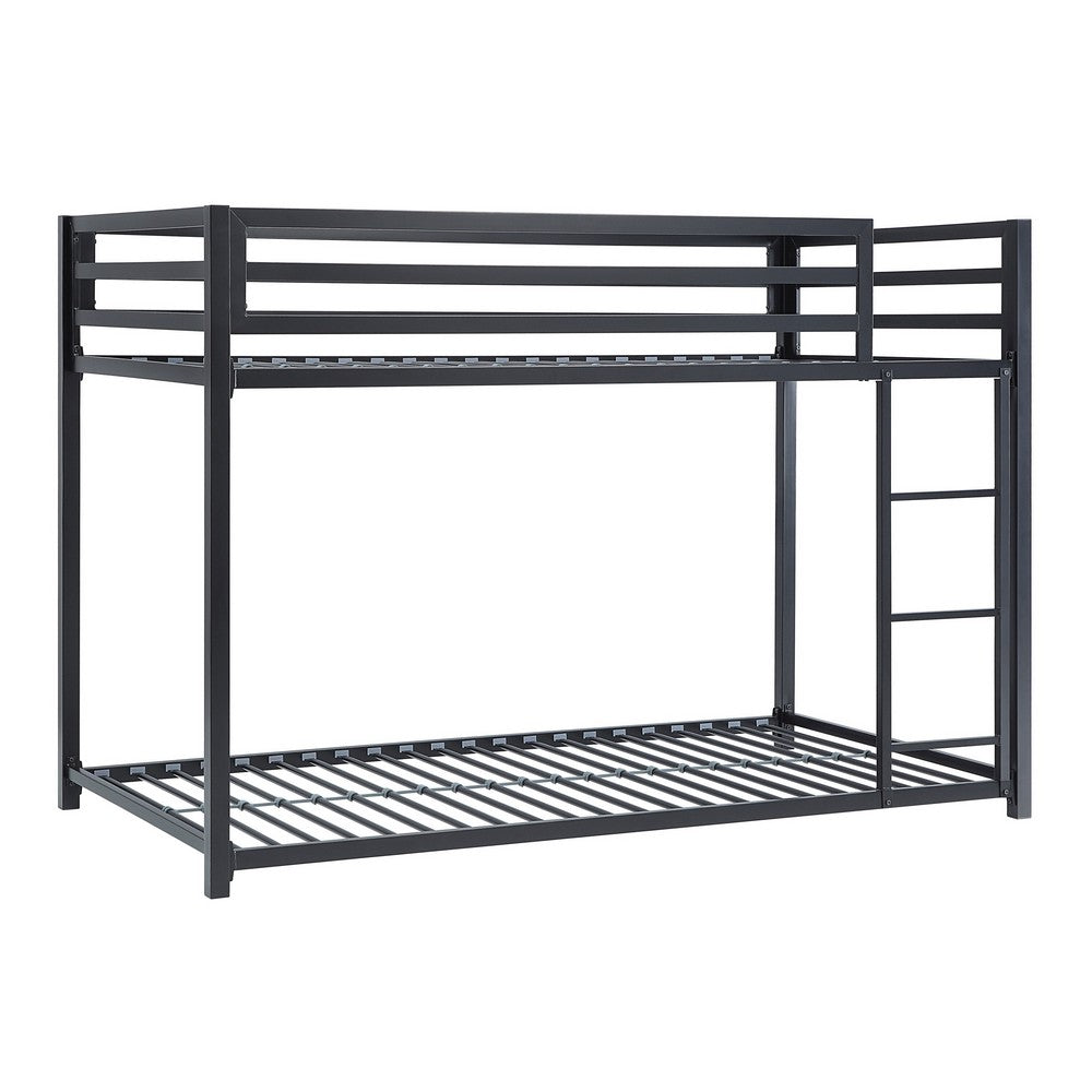 Ovi 78 Inch Twin Bunk Bed, Mounted Ladder, Ground Level Platform Bed, Black - BM316684