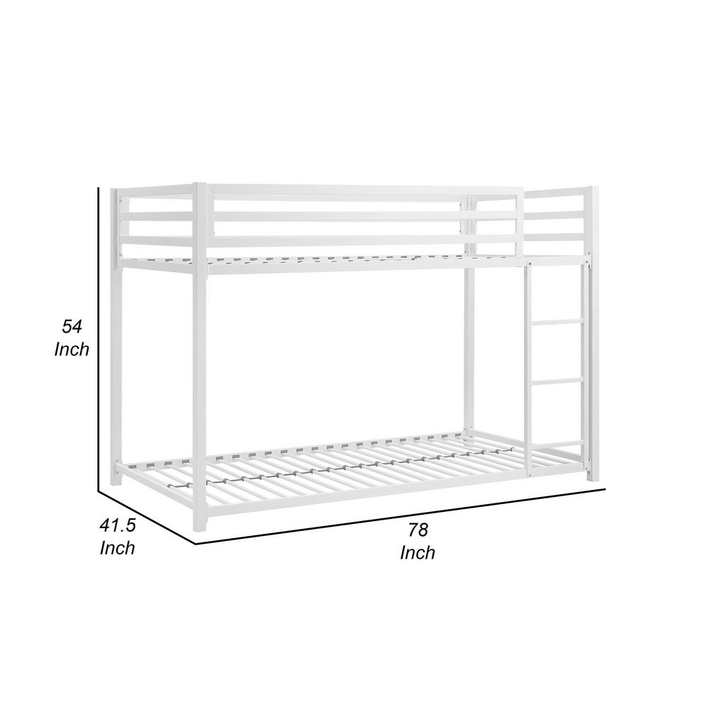 Ovi 78 Inch Twin Bunk Bed, Mounted Ladder, Ground Level Platform Bed, White - BM316686