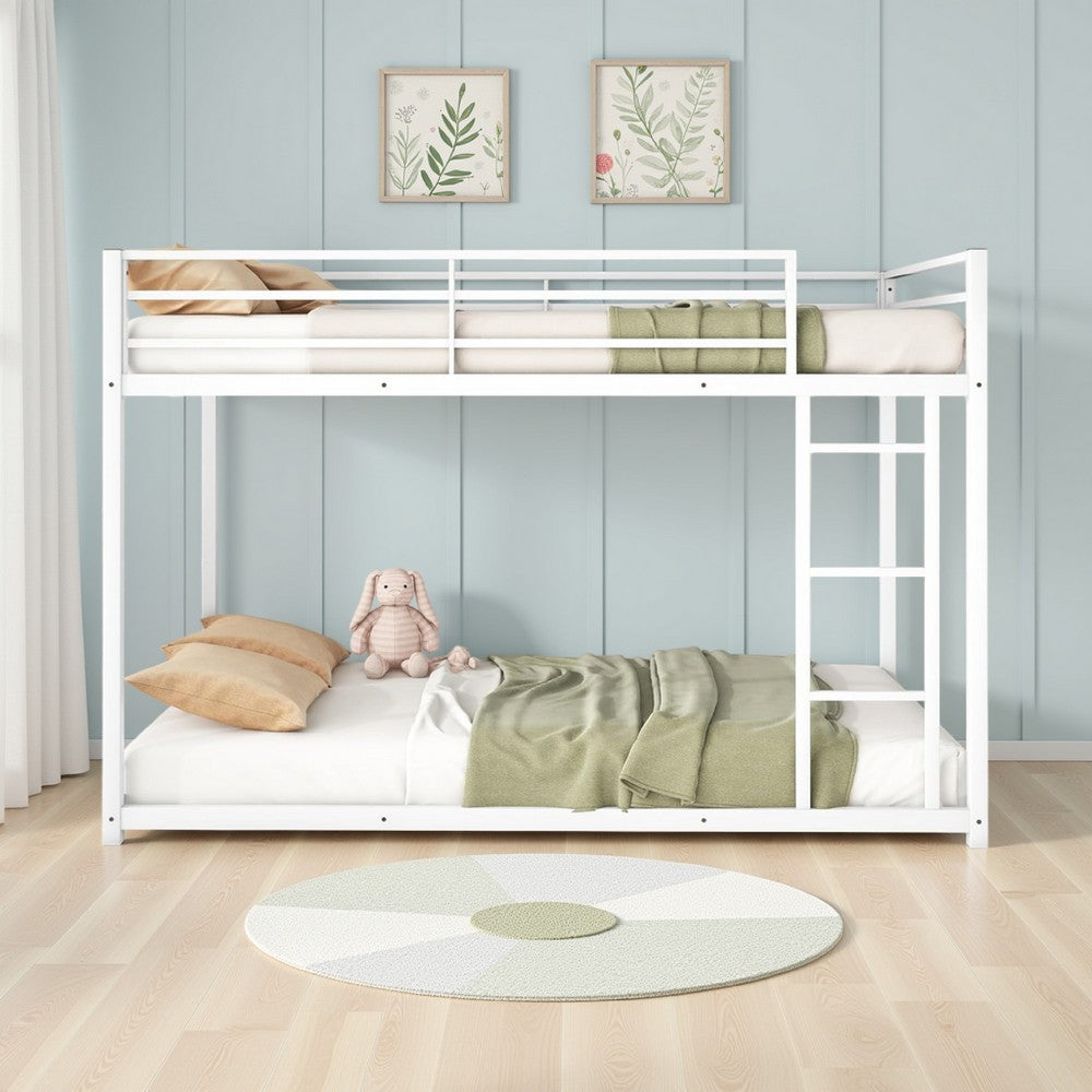 Ovi 78 Inch Twin Bunk Bed, Mounted Ladder, Ground Level Platform Bed, White - BM316686