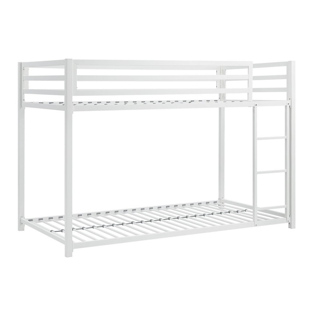 Ovi 78 Inch Twin Bunk Bed, Mounted Ladder, Ground Level Platform Bed, White - BM316686