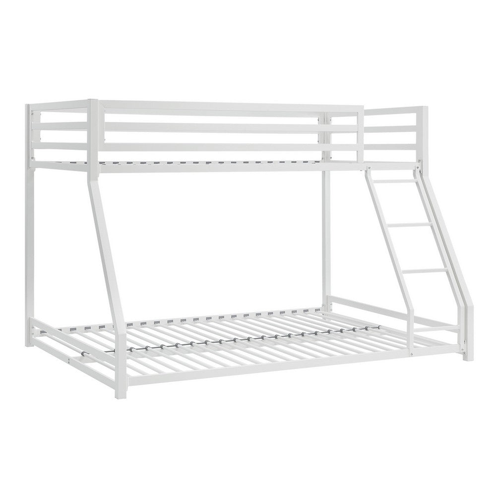 Ovi 78 Inch Twin over Full Bunk Bed, Ladder, Ground Level Bed, White Metal - BM316687