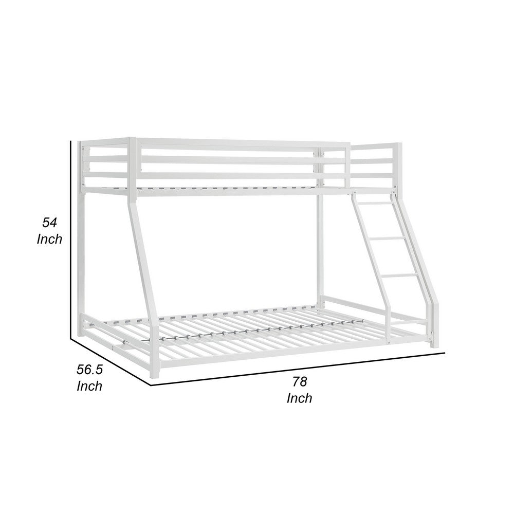 Ovi 78 Inch Twin over Full Bunk Bed, Ladder, Ground Level Bed, White Metal - BM316687