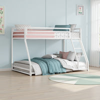 Ovi 78 Inch Twin over Full Bunk Bed, Ladder, Ground Level Bed, White Metal - BM316687