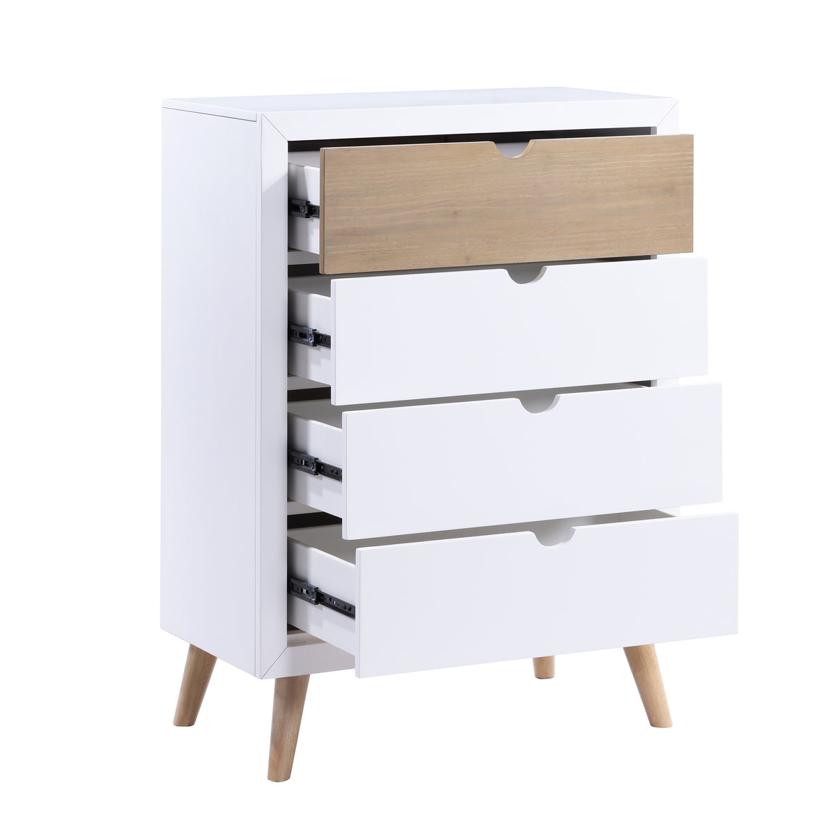 Kara 40 Inch Kids Tall Dresser Chest, 4 Drawers, Open Handles, White, Brown - BM316690