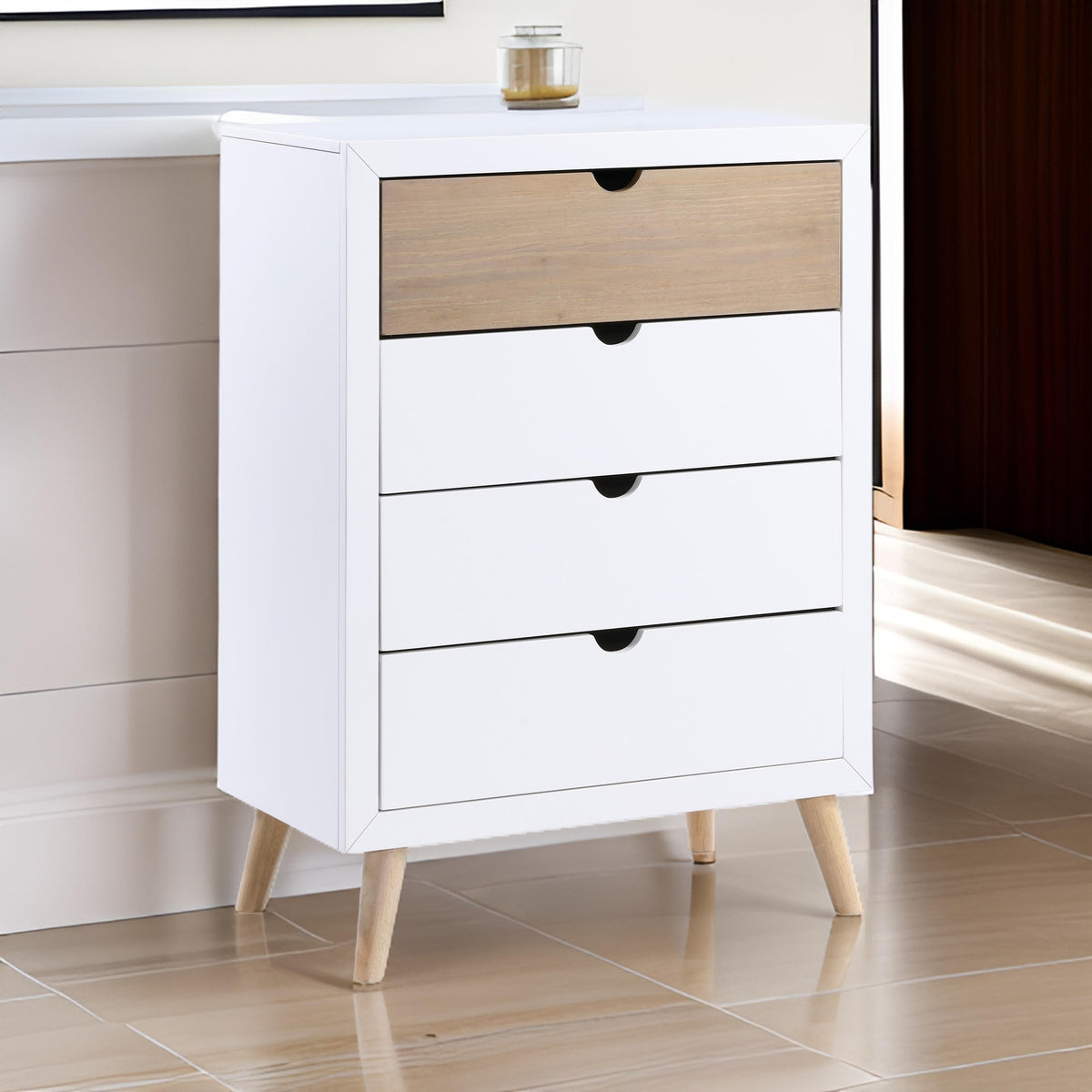Benzara Kara 40 Inch Kids Tall Dresser Chest, 4 Drawers, Open Handles, White, Brown - BM316690 |Benzara.com Benzara Kara 40 Inch Kids Tall Dresser Chest, 4 Drawers, Open Handles, White, Brown - BM316690 |Benzara.com
