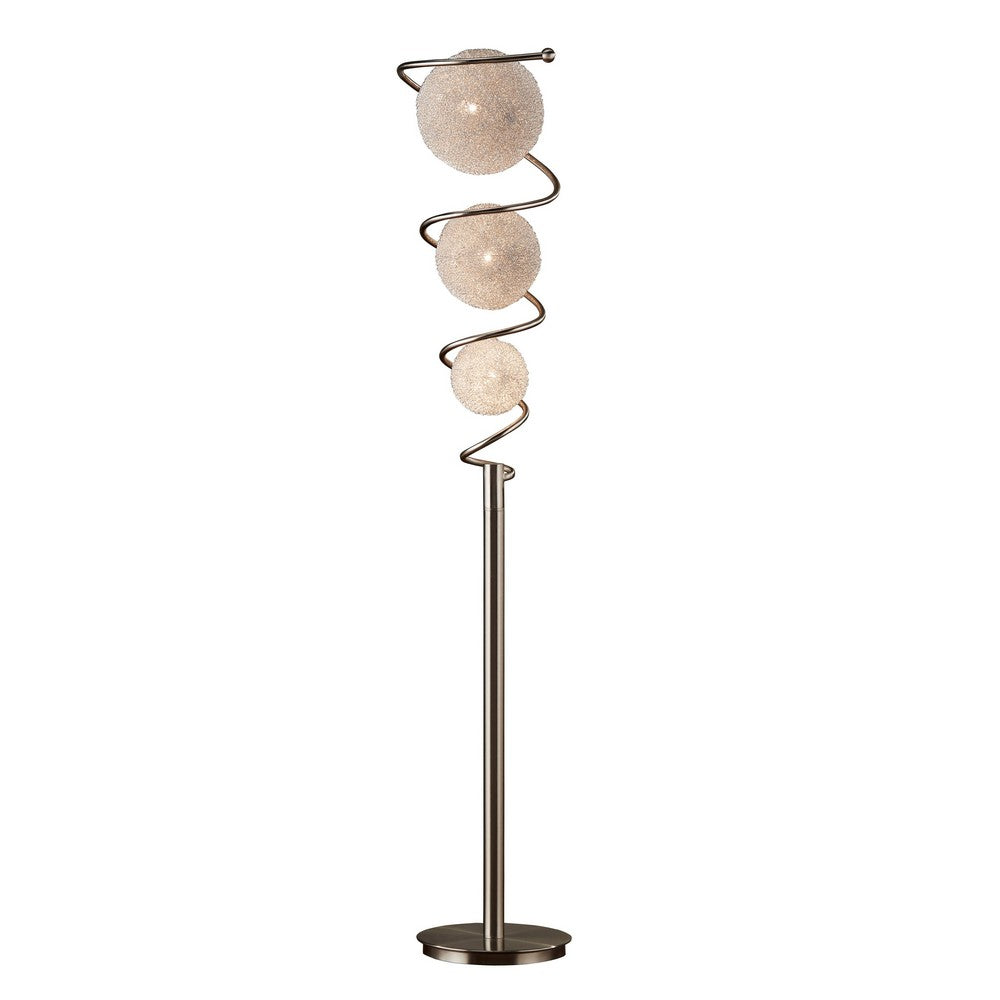 Lila 65 Inch Floor Lamp, Slender Stem, 3 Wire Wrapped Spheres, Satin Nickel - BM316693