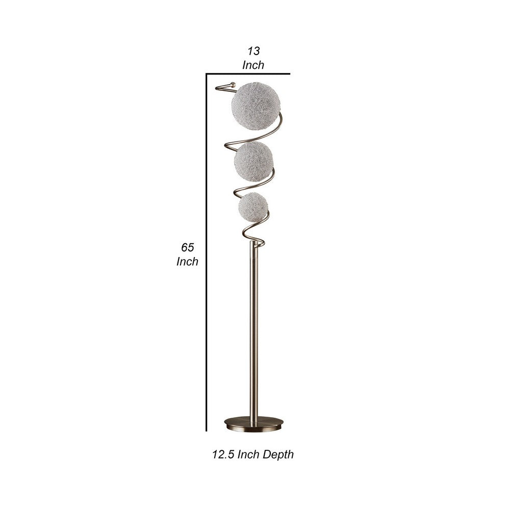 Lila 65 Inch Floor Lamp, Slender Stem, 3 Wire Wrapped Spheres, Satin Nickel - BM316693