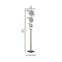 Lila 65 Inch Floor Lamp, Slender Stem, 3 Wire Wrapped Spheres, Satin Nickel - BM316693