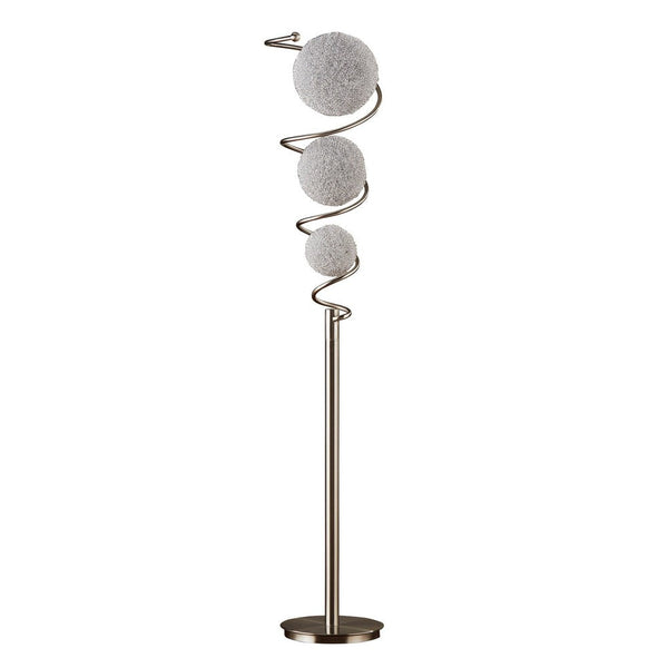 Lila 65 Inch Floor Lamp, Slender Stem, 3 Wire Wrapped Spheres, Satin Nickel - BM316693