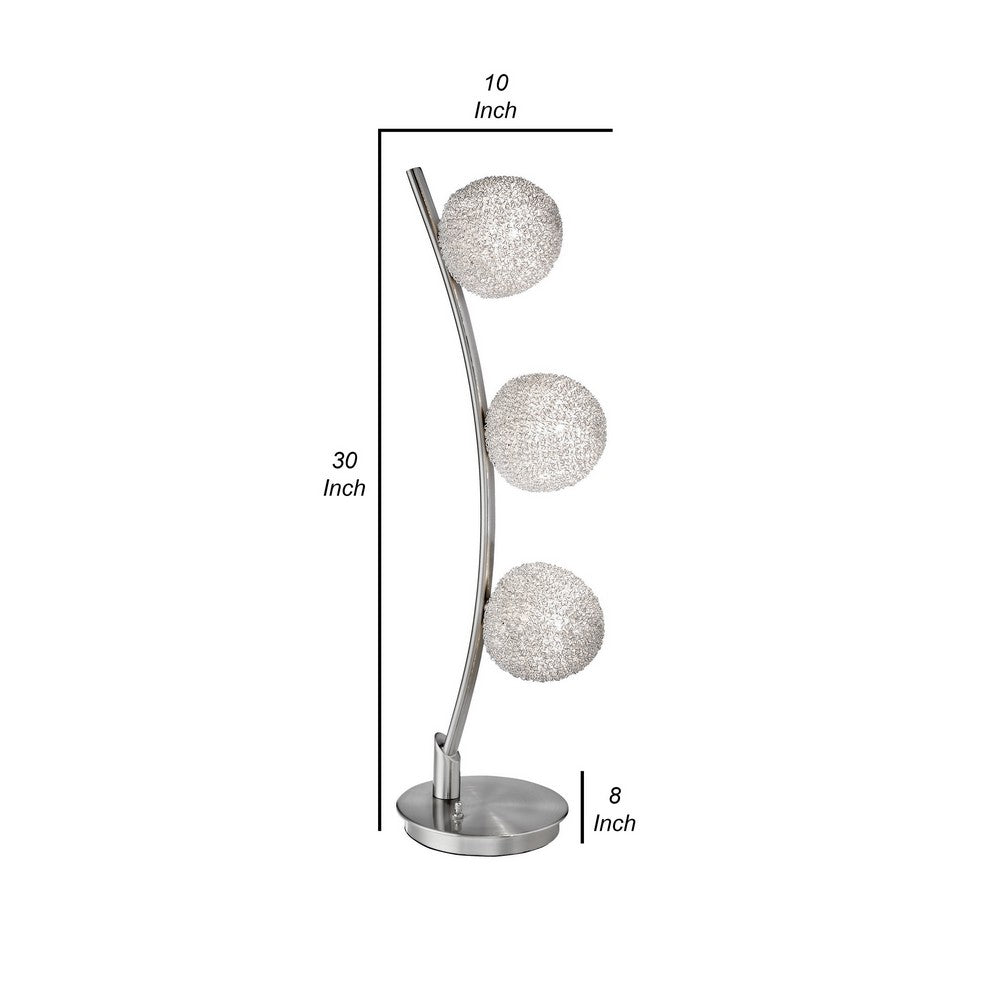 Lila 30 Inch Table Lamp, Curved Stem with 3 Spheres, Satin Nickel Finish - BM316694