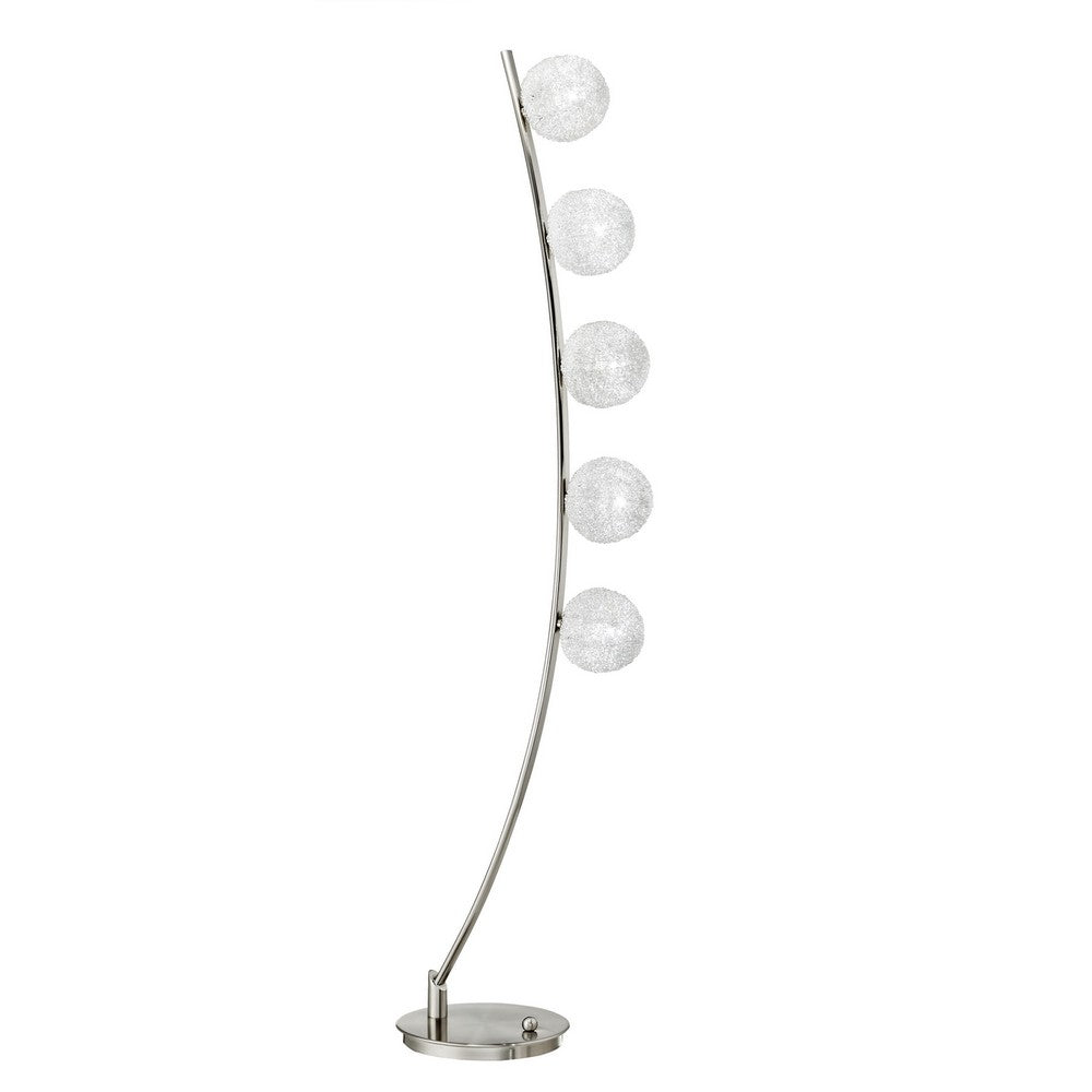 Lila 61 Inch Floor Lamp, Curved Stem with 5 Spheres, Satin Nickel Aluminium - BM316695