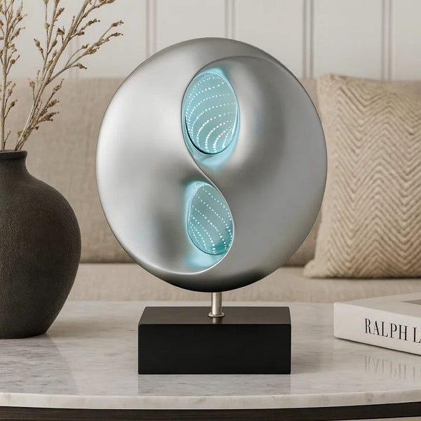Nila 20 Inch LED Table Lamp, Black Silver Polyresin Orb Sphere, Block Base - BM316696