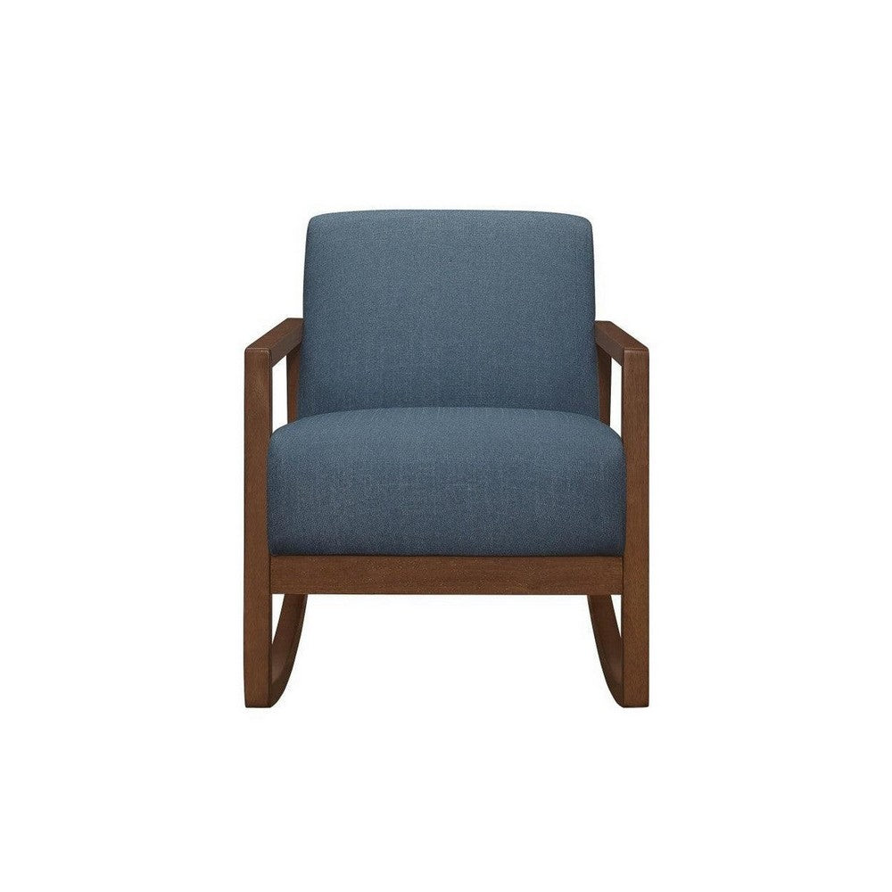 Clovi 32 Inch Rocker Accent Chair, Blue Fabric, Foam Cushions, Brown Wood - BM316703