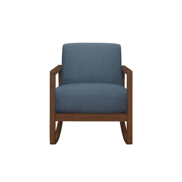 Clovi 32 Inch Rocker Accent Chair, Blue Fabric, Foam Cushions, Brown Wood - BM316703