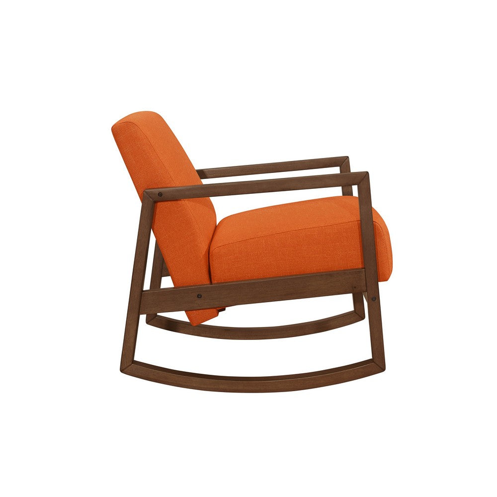 Clovi 32 Inch Rocker Accent Chair, Orange Fabric, Foam Cushions, Brown Wood - BM316704