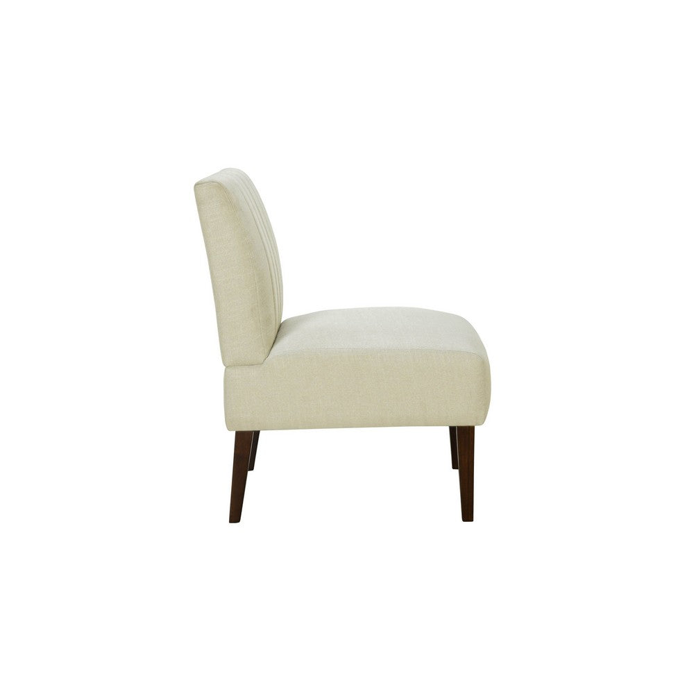 Paula 30 Inch Accent Chair, White Fabric, Channel Tufted Back, Brown Wood  - BM316710