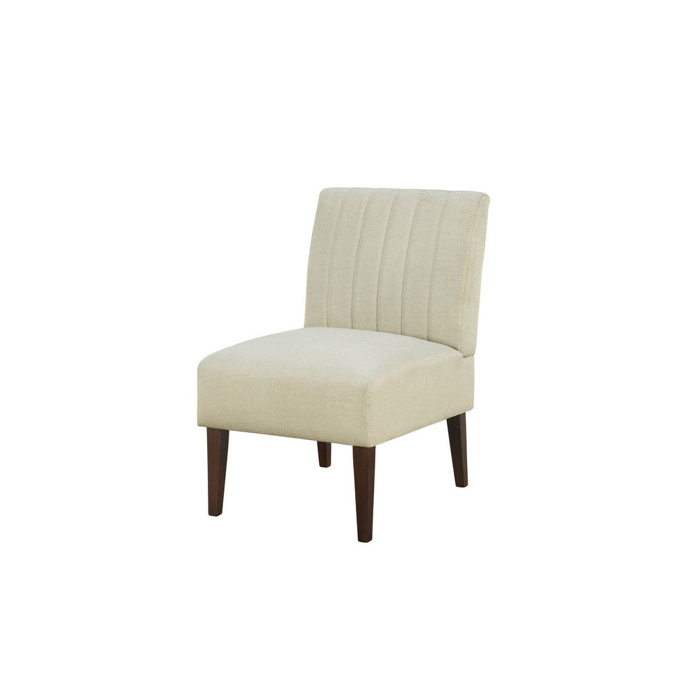 Paula 30 Inch Accent Chair, White Fabric, Channel Tufted Back, Brown Wood  - BM316710