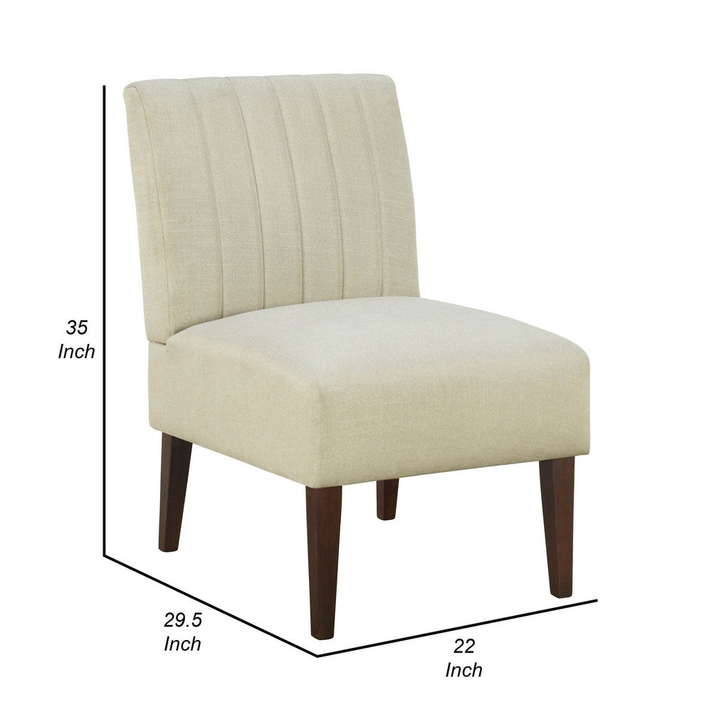 Paula 30 Inch Accent Chair, White Fabric, Channel Tufted Back, Brown Wood  - BM316710