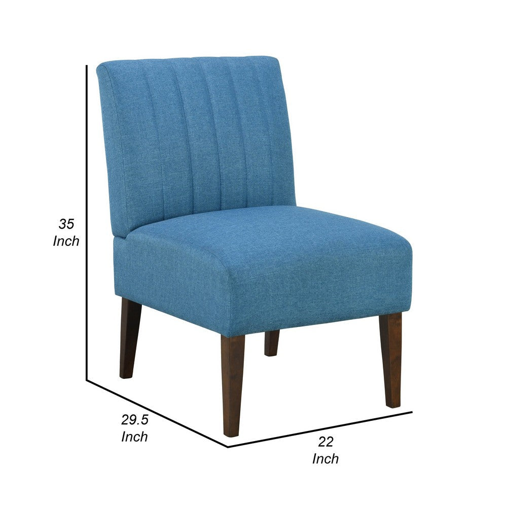 Paula 30 Inch Accent Chair, Blue Fabric, Channel Tufted Back, Brown Wood  - BM316711