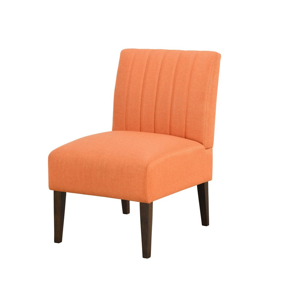 Paula 30 Inch Accent Chair, Orange Fabric, Channel Tufted Back, Brown Wood  - BM316713