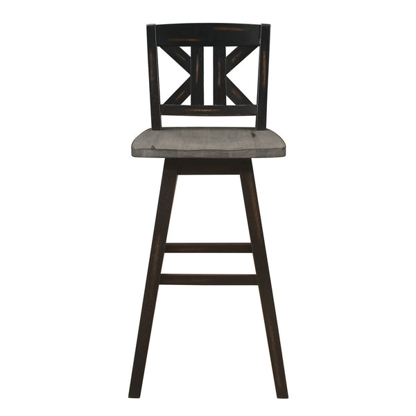 Ati 29 Inch Bar Height Stool Swivel Chairs Set of 2, X Back, Distressed Gray, Black - BM316753