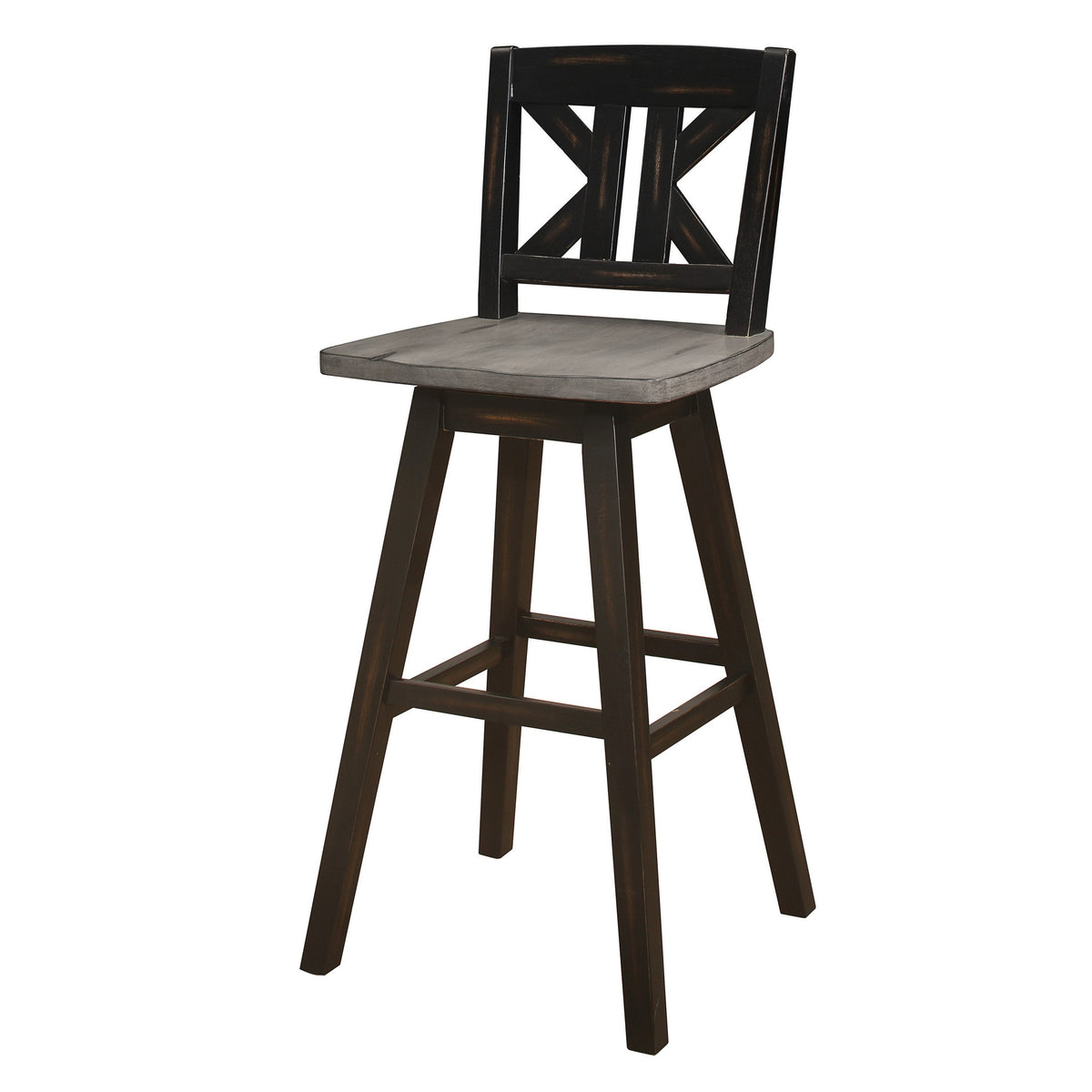 Ati 29 Inch Bar Height Stool Swivel Chairs Set of 2, X Back, Distressed Gray, Black - BM316753