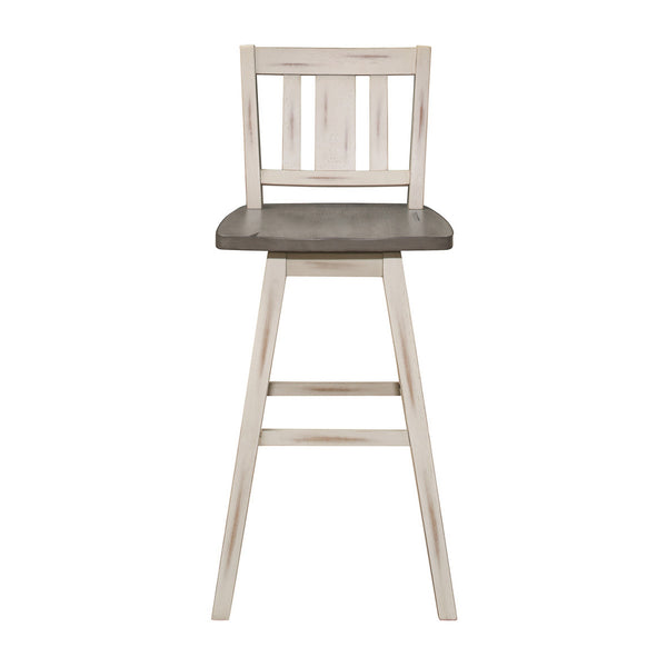 Ati 29 Inch Bar Height Stool Swivel Chairs Set of 2, Vertical Slat Back, Gray, White - BM316756