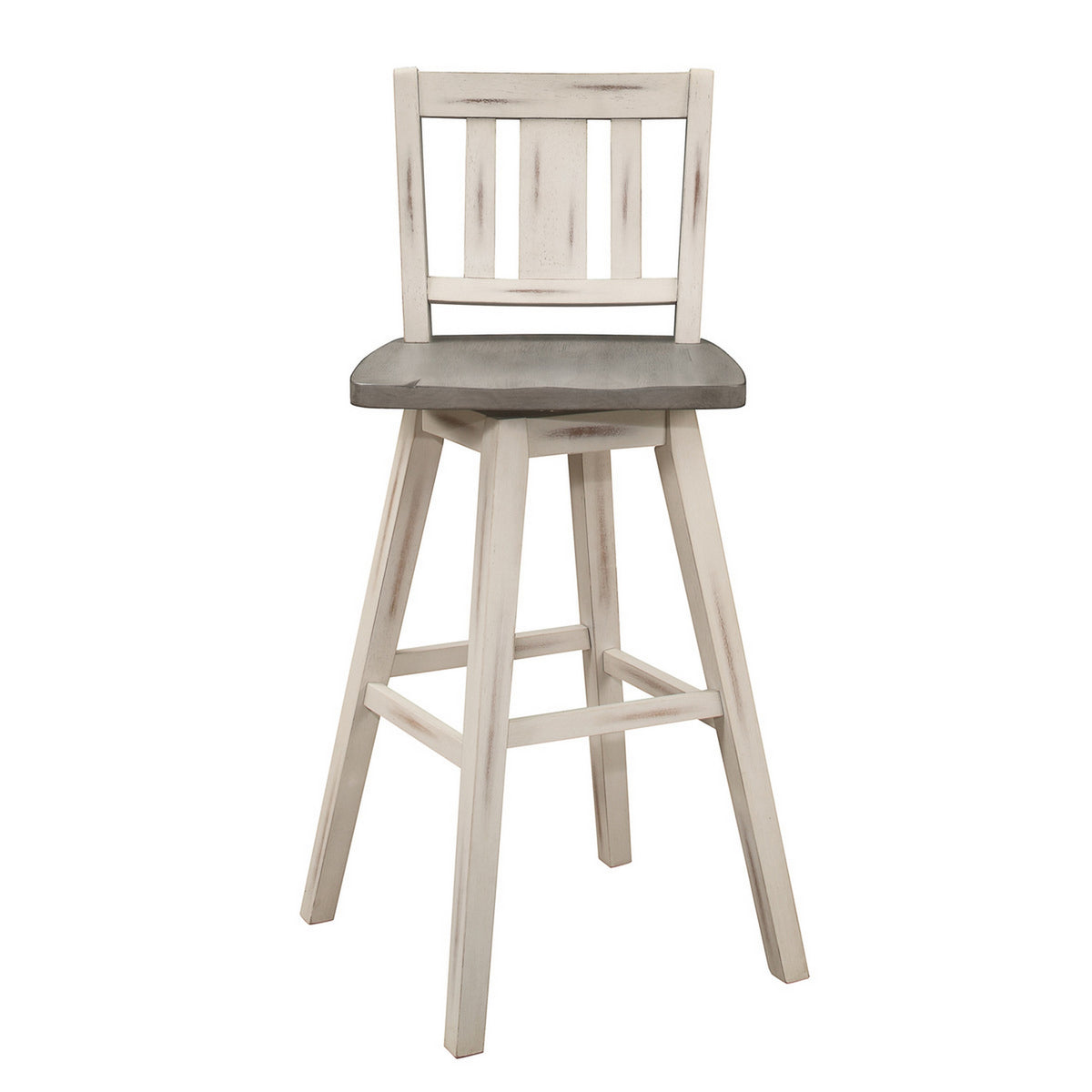 Ati 29 Inch Bar Height Stool Swivel Chairs Set of 2, Vertical Slat Back, Gray, White - BM316756