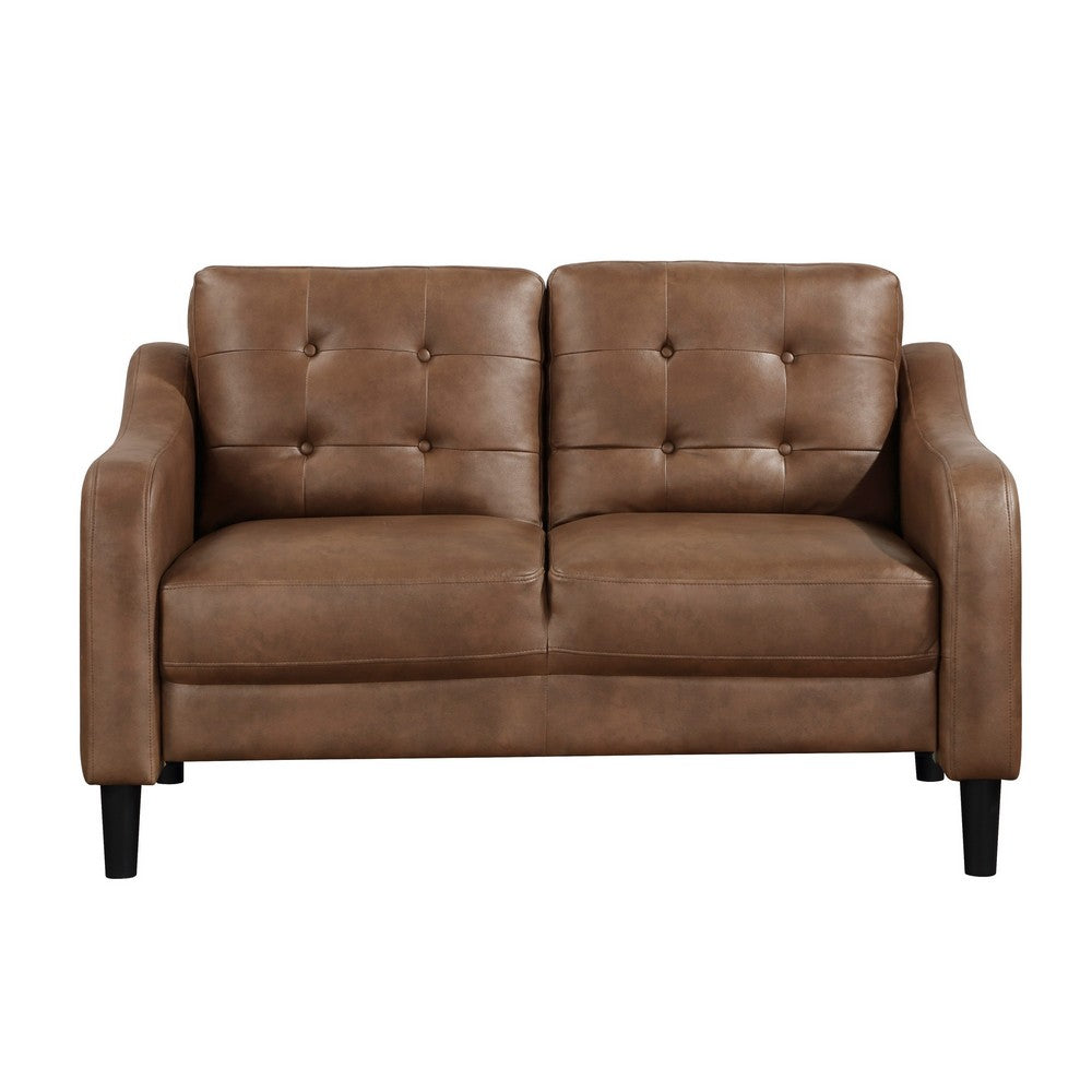 Orry 55 Inch Loveseat, Tufted Back, Brown Microfiber, Black Solid Wood - BM316762