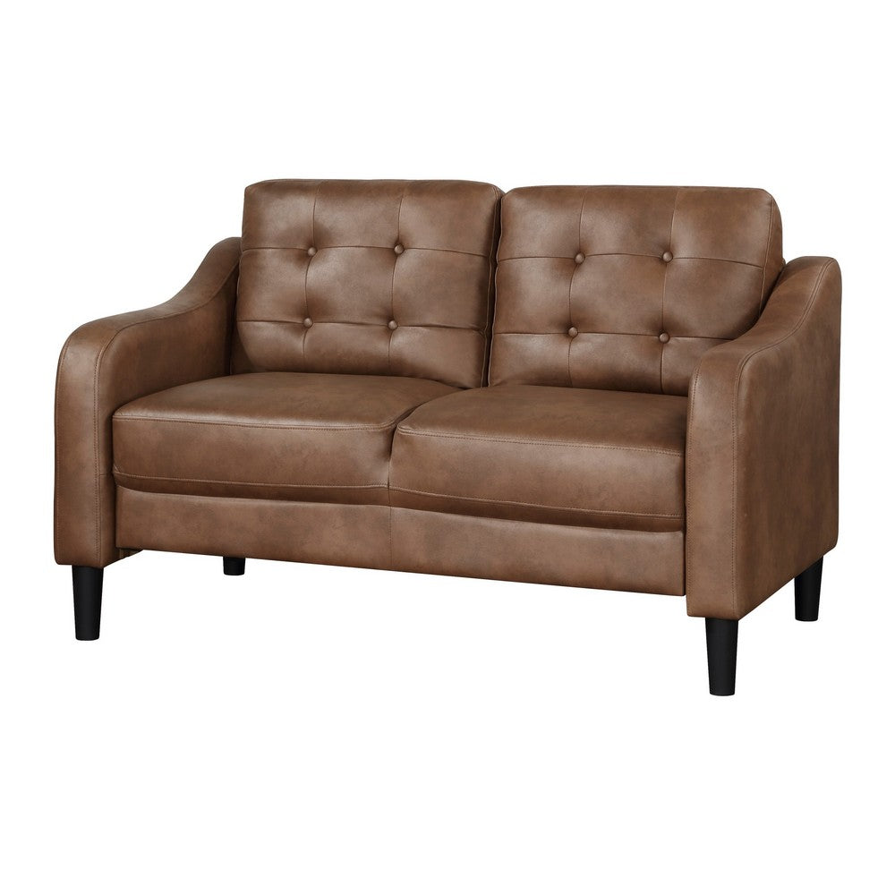 Orry 55 Inch Loveseat, Tufted Back, Brown Microfiber, Black Solid Wood - BM316762