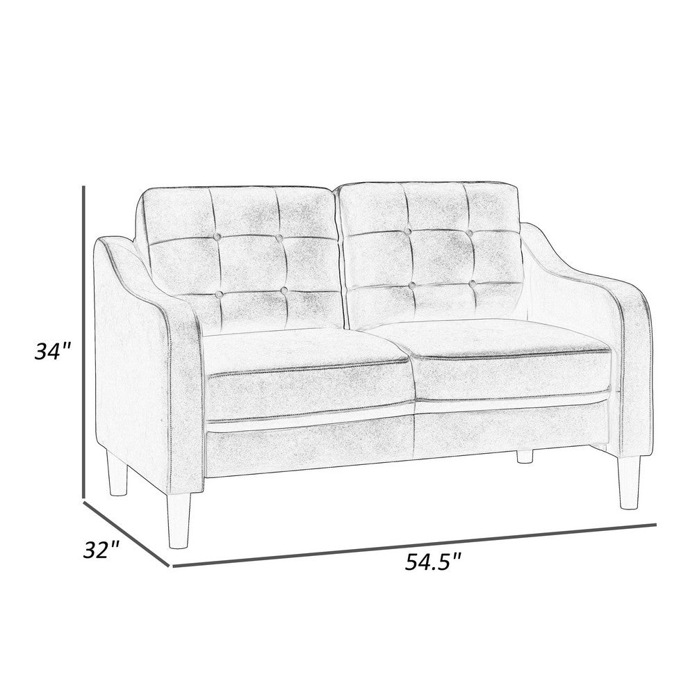 Orry 55 Inch Loveseat, Button Tufted Back, Gray Microfiber Black Solid Wood - BM316765