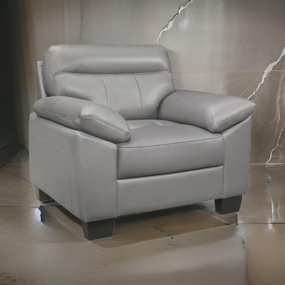 Danny 36 Inch Accent Chair, Light Gray Top Grain and Faux Leather, Wood - BM316779