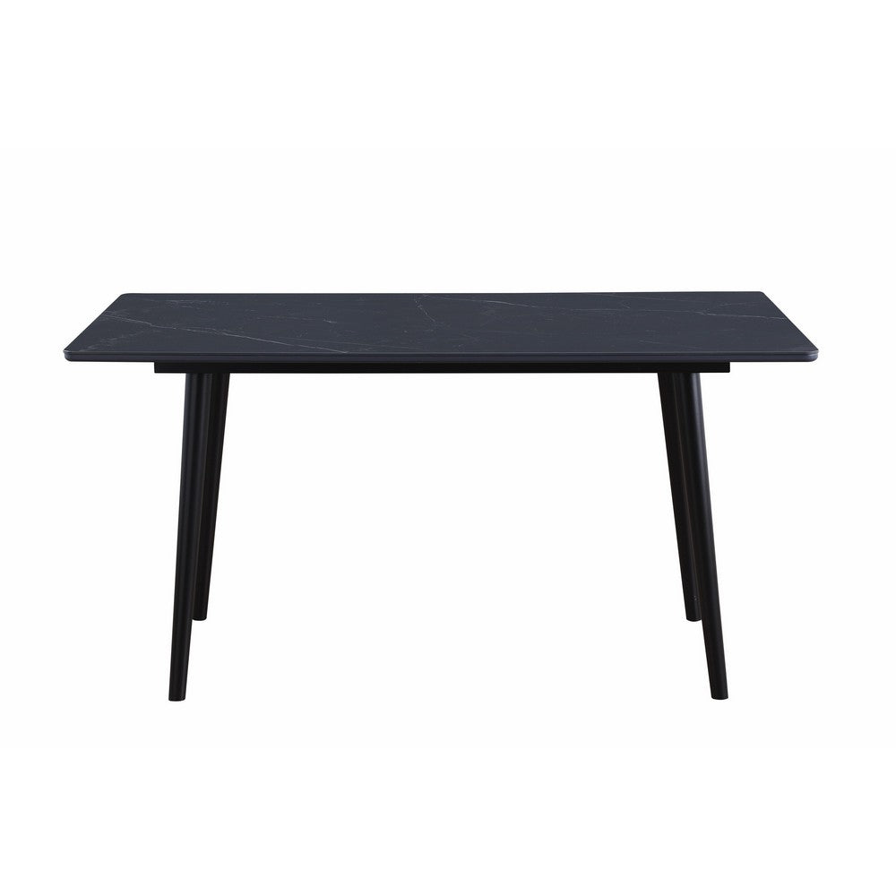 Aikya 60 Inch Dining Table, Black Sintered Stone, Tapered Metal Legs - BM316791