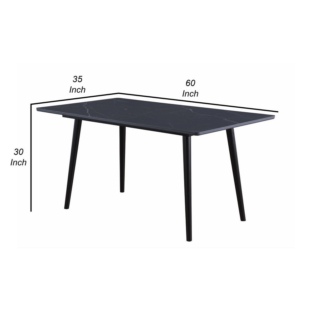 Aikya 60 Inch Dining Table, Black Sintered Stone, Tapered Metal Legs - BM316791